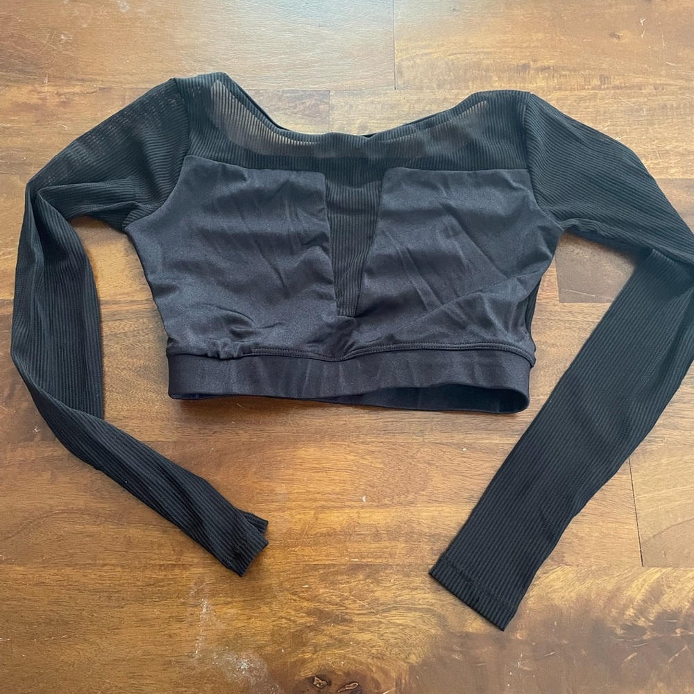 Black Long Sleeve Mesh Crop Top